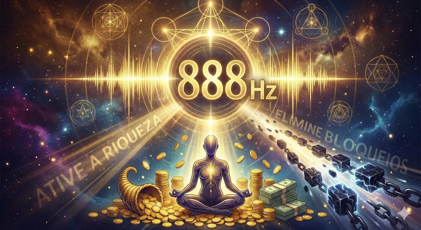 Ilustração dourada representando a Frequência 888 Hz ativando a riqueza e quebrando correntes de bloqueios financeiros através da meditação